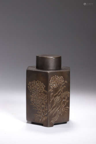 A Carved Tin Made Chrysanthemum Tea Caddy