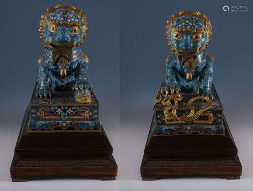 A Pair of Cloisonne Enamel Lions with Stands