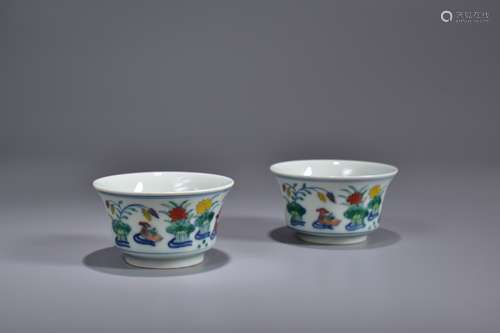 A Pair of Doucai Glaze Rooster Cups