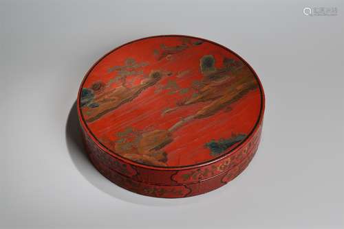 A Carved Lacquerware Landscape Box and Cover