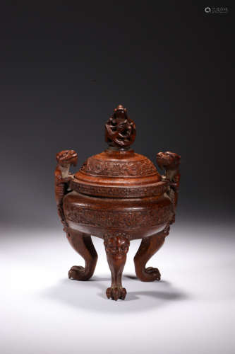 A Carved Bamboo Dragon Tripod Censer