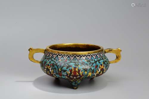 A Cloisonne Enamel Lotus Tripod Censer