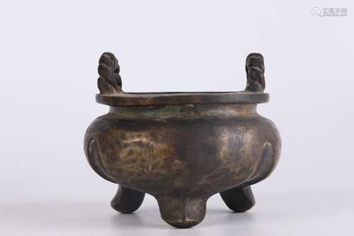 A Bronze Double-Eared Tripod Censer