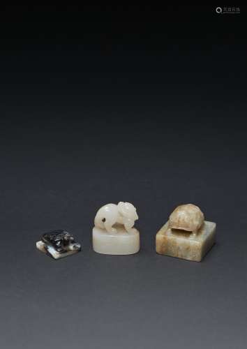 THREE CHINESE JADE SEALS MING AND QING DYNASTIES One in whit...