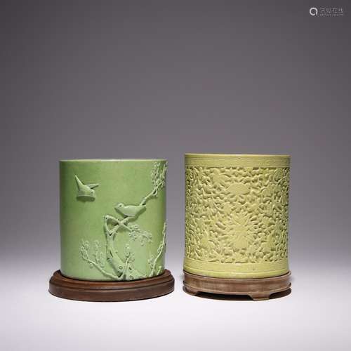 TWO CHINESE MONOCHROME MOULDED BRUSHPOTS, BITONG LATE QING D...