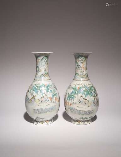 A PAIR OF CHINESE POLYCHROME ENAMELLED PEAR-SHAPED FIGURAL V...