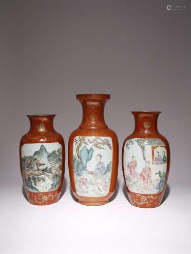 THREE CHINESE CORAL-GROUND AND GILT-DECORATED FAMILLE ROSE V...