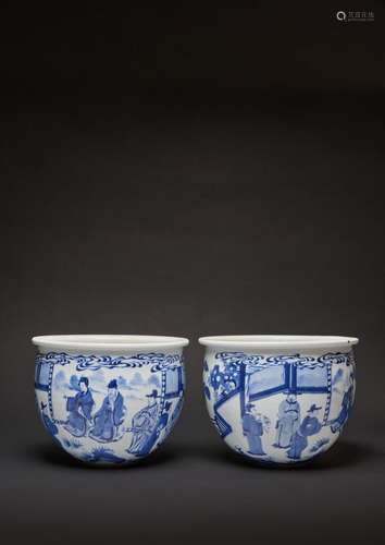 A PAIR OF CHINESE BLUE AND WHITE JARDINIERES KANGXI 1662-172...