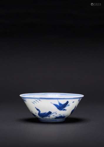 A SMALL CHINESE BLUE AND WHITE GEESE IN A POND BOWL SIX CHAR...