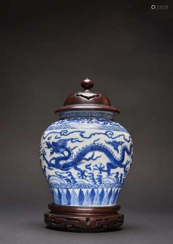 A RARE CHINESE IMPERIAL BLUE AND WHITE DRAGON JAR SIX CHARAC...