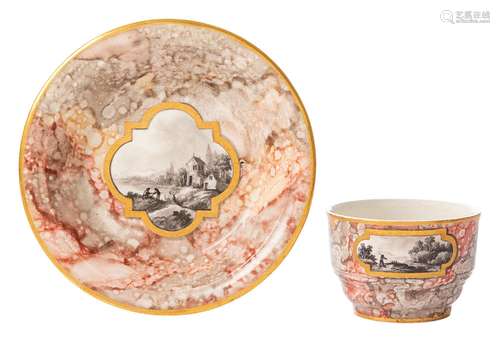 Cup and saucer with trompe-l'œil marble and landscape s...