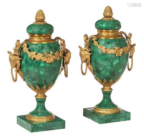 Pair of malachite vases in the style of French Early Classic...