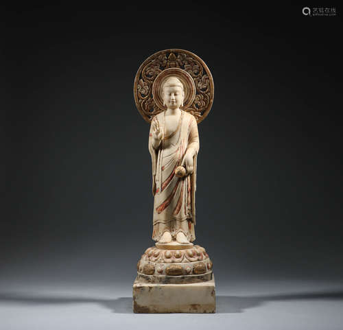 During the Northern Wei Dynasty, white marble painted statue...