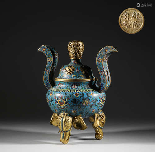 In the Qing Dynasty, copper Cloisonne three legged two ear s...