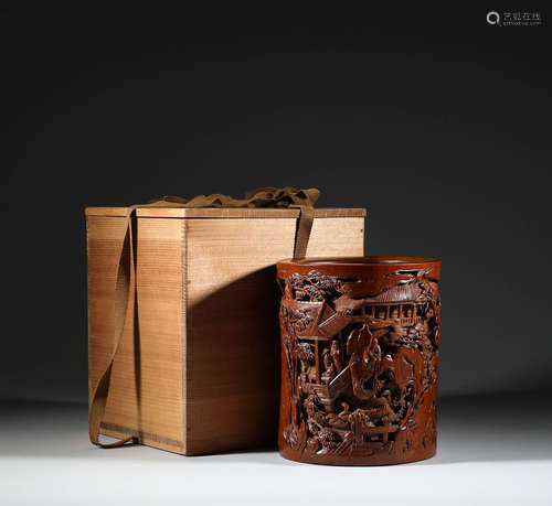 Qing Dynasty, bamboo carving character story pen holder