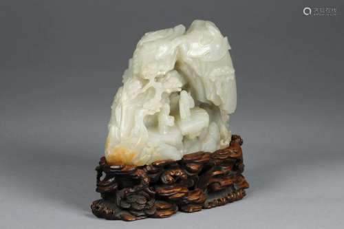 A Hetian White Jade Carved Mountain and Children Figure