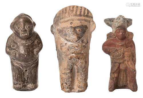 Collection of a rattle figure, a figure with headdress and a...