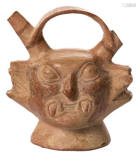 Double spout and bridge vessel with depiction of the deity A...