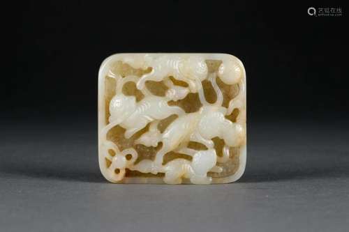 A Hetian White Jade Lions Belt Plaque