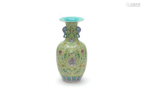 A Green-Ground Famille Rose Floral Vase with Qianlong