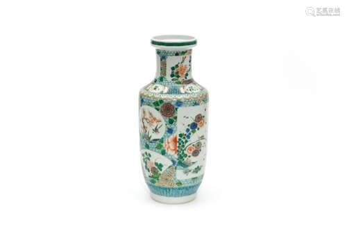 A Famille Verte Flower and Bird Rouleau Vase