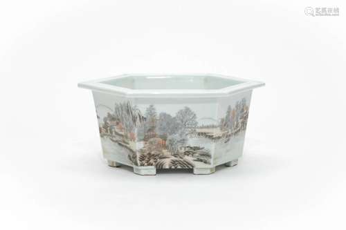 A Muocai Landscape and Figural Hexagonal Planter Pot