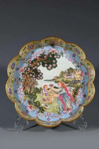 Color Enameled Dish with Western Figures on a Yellow