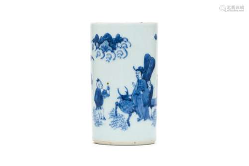 A Blue and White Figural Bitong Brush Pot