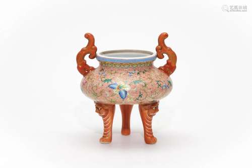 A Famille Rose Floral Tiger Tripod Censer