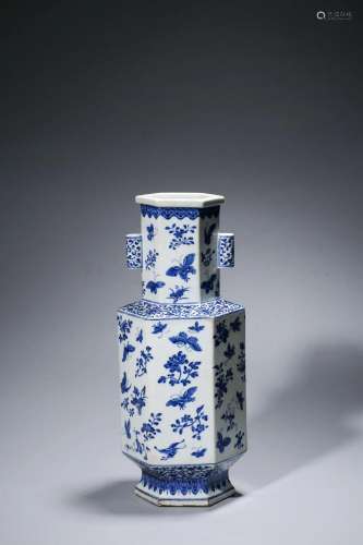 Blue-and-white Hexagonal Vase with Butterfly Flowers