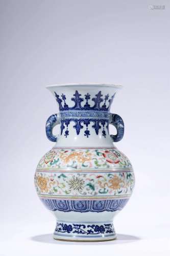 Blue-and-white Vase with Famille-rose Enameled and