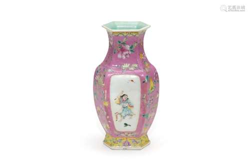 A Famille Rose Figural Hexagonal Vase with Qianlong