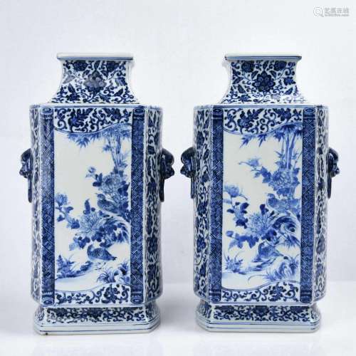 Pair Blue-and-white Square Vases with Flower and Bird