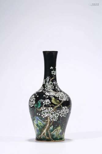 Black Glazed Colorful Vase with â€œthe Magpie Ascends