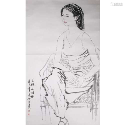 Figure Drawing, Paper Painting, Scroll, He Jiaying