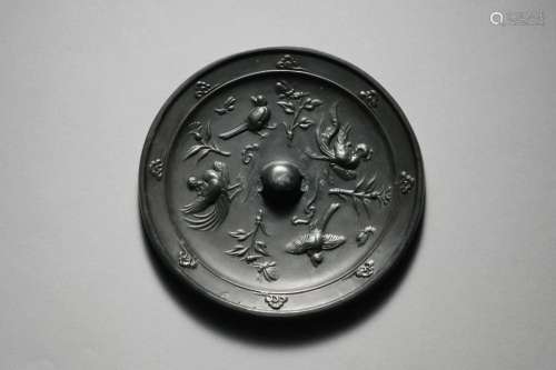 A Luan and Floral Bronze Mirror Tang Dynasty