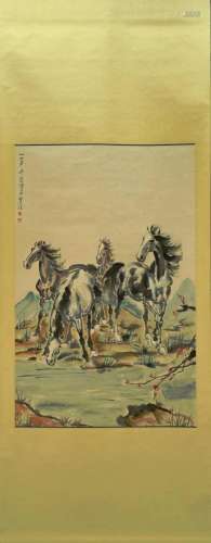 Cinnabar Running Horses, Paper Hanging Scroll, Xu