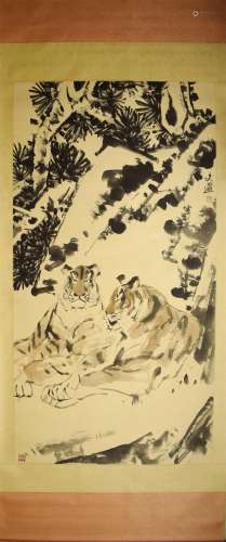 Pine and Tiger, Paper Hanging Scroll, Tang Wenxuan
