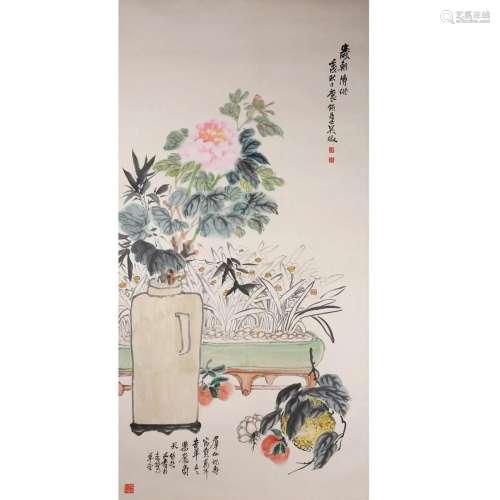 Flowers, Paper Hanging Scroll, Wu Zheng