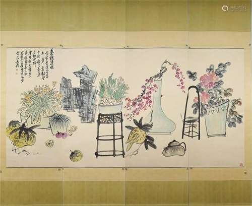 Four Paintings of Flowers, Paper Hanging Scroll, Wu