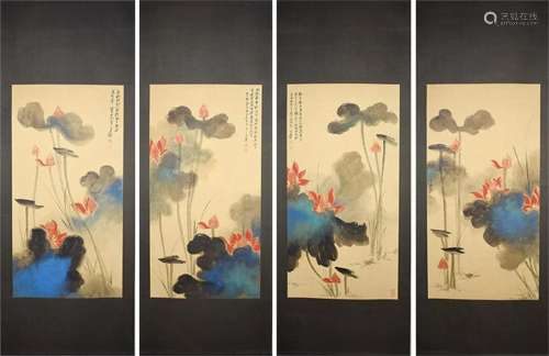Four Paintings of Lotus, Paper Hanging Scroll, Zhang