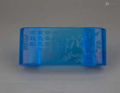 Chinese Glassware, Blue Ink-stand with Poems Pattern