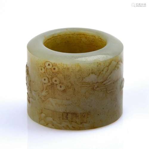 Chinese White Jade Thumb Ring with Landscape Pattern