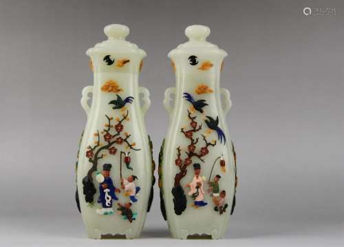 Chinese Pair Hetian Jade Double-ear Vases embedded