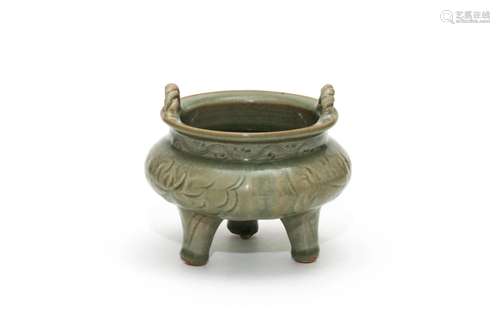 A Longquan Celadon Floral Tripod Censer with Handles