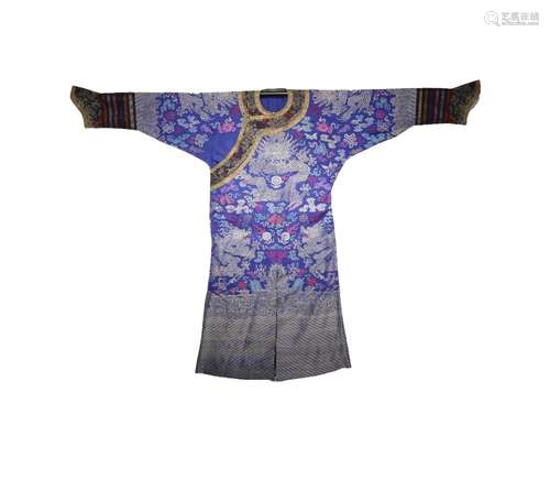 A CHINESE BLUE-GROUND SILK KESI NINE DRAGON ROBE, JIFU LATE ...