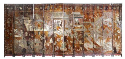 A LARGE CHINESE COROMANDEL TWELVE-PANEL SCREEN KANGXI 1662-1...