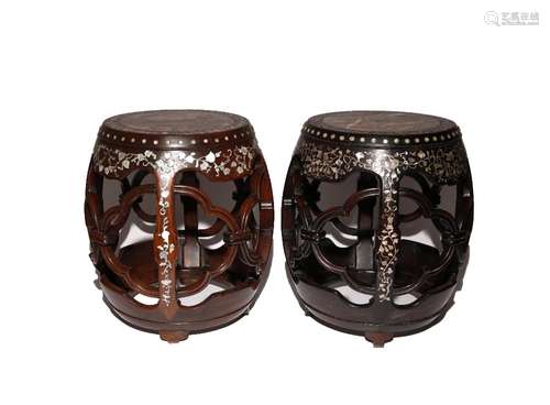 TWO SIMILAR CHINESE HONGMU AND MOTHER OF PEARL INLAID DRUM-S...