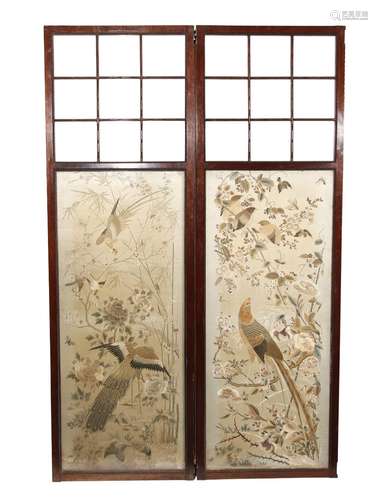 A TWO-FOLD SCREEN SET WITH CHINESE HUNDRED BIRDS EMBROIDERED...