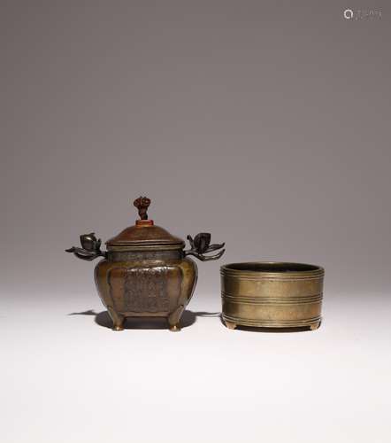 TWO CHINESE BRONZE INCENSE BURNERS QING DYNASTY One cylindri...